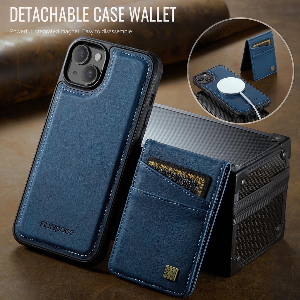 For iPhone 15 Case AUTSPACE A12 Leather Phone Case with Detachable Card Bag