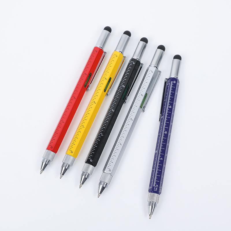Six-in-One Tool Pen: Capacitive Stylus, Dual-Head Screwdriver, Scale, Level, Metal Ballpoint Pen.