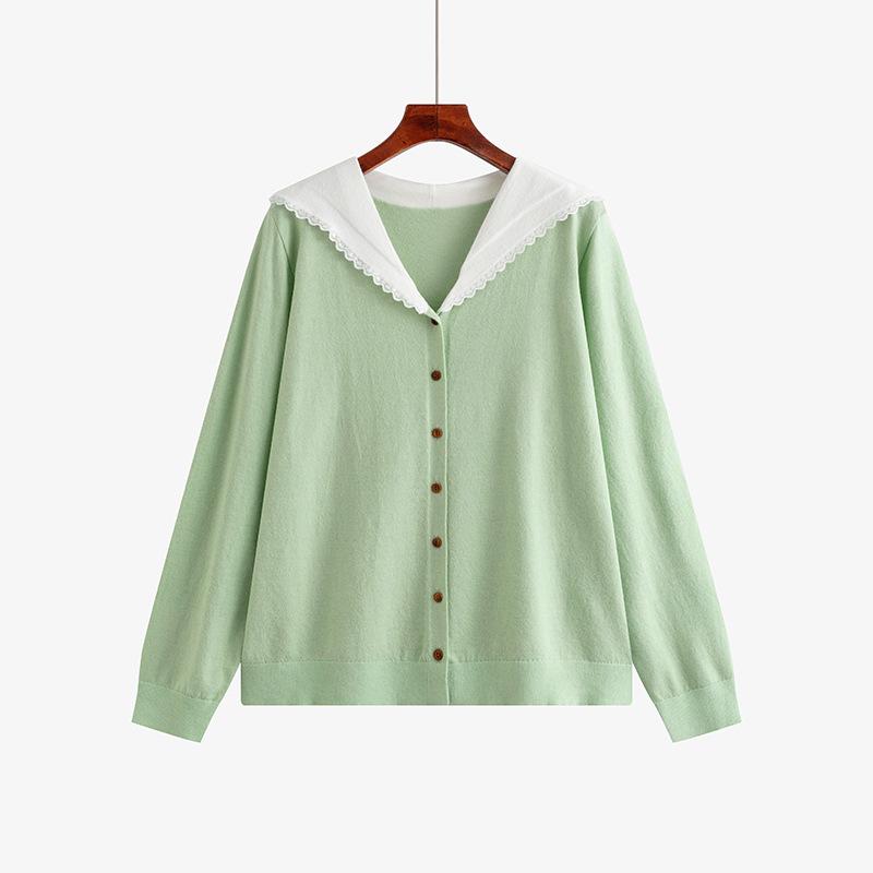 Plus Size V-Neck Sailor Collar Color Block Knit Top - Women s College Style Spring 2026 XL (120-150 lbs) зелёный