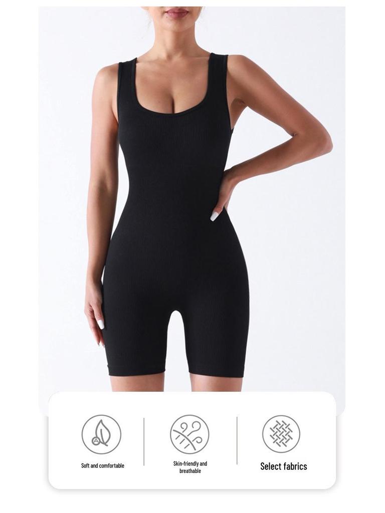 Women's Seamless Ribbed Yoga Bodysuit - Butt-Lifting Summer One-Piece with Tight Fit and Straps