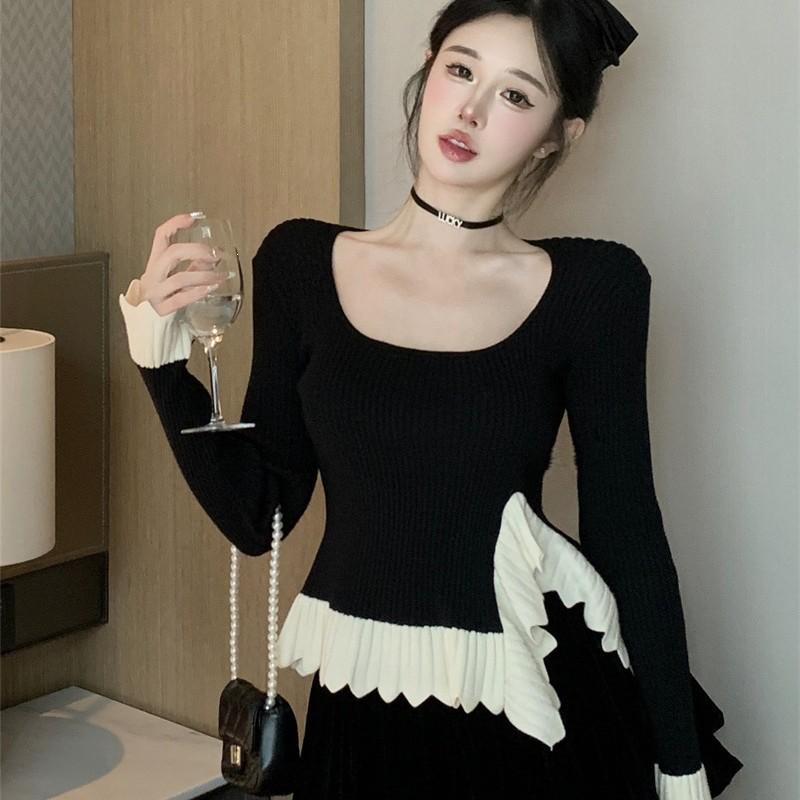 Square Neck Long Sleeve Knit Top for Plus Size Women - Early Spring Irregular Ruffle Chic Shirt