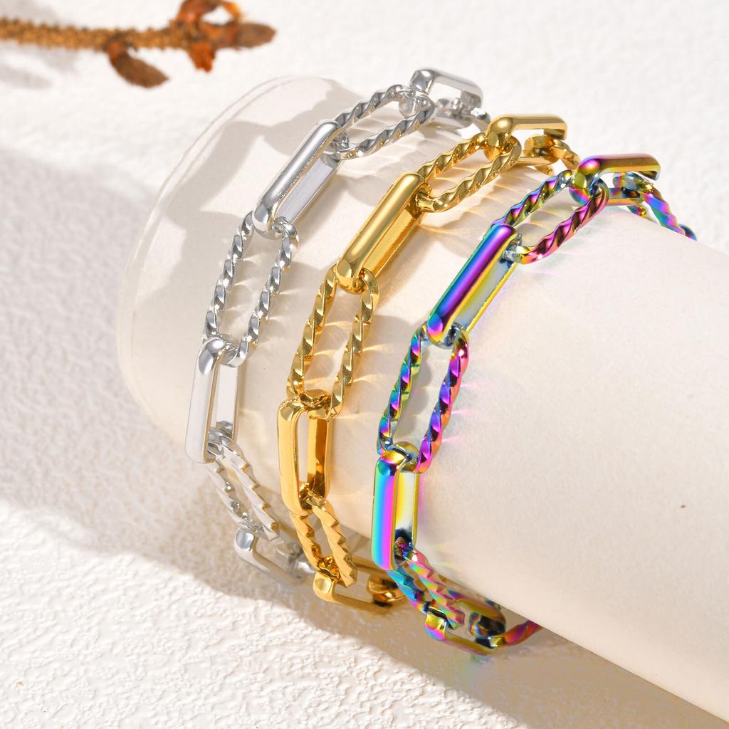 Vnox Classic Bracelets For Women Girls Gold Silver Color Paperclip Chain Stainless Steel Rectangle Bracelet Charm Jewelry Party