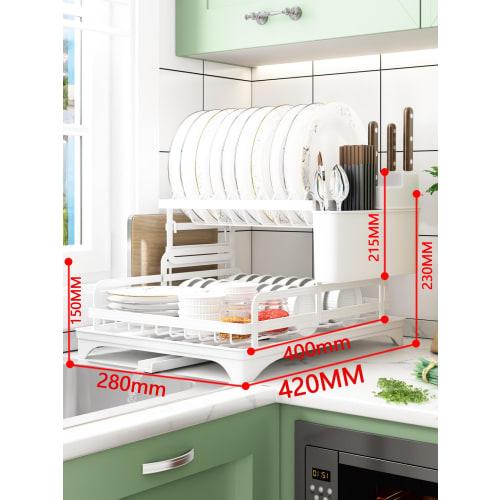 Dish Drainer, Dish Drainer Basket, Kitchen Storage Rack, Slim, 2-Tier, Dish Rack, 360 Drainage, Chopstick Holder, Cup Holder (White, Automatic Draini