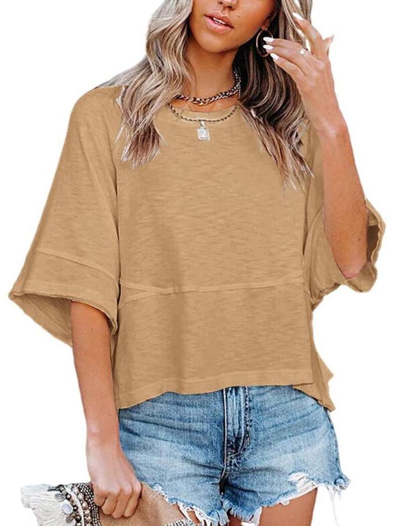 2025 Trendiges gespleißtes einfarbiges Glockenärmel-Lockeres Damen-T-Shirt