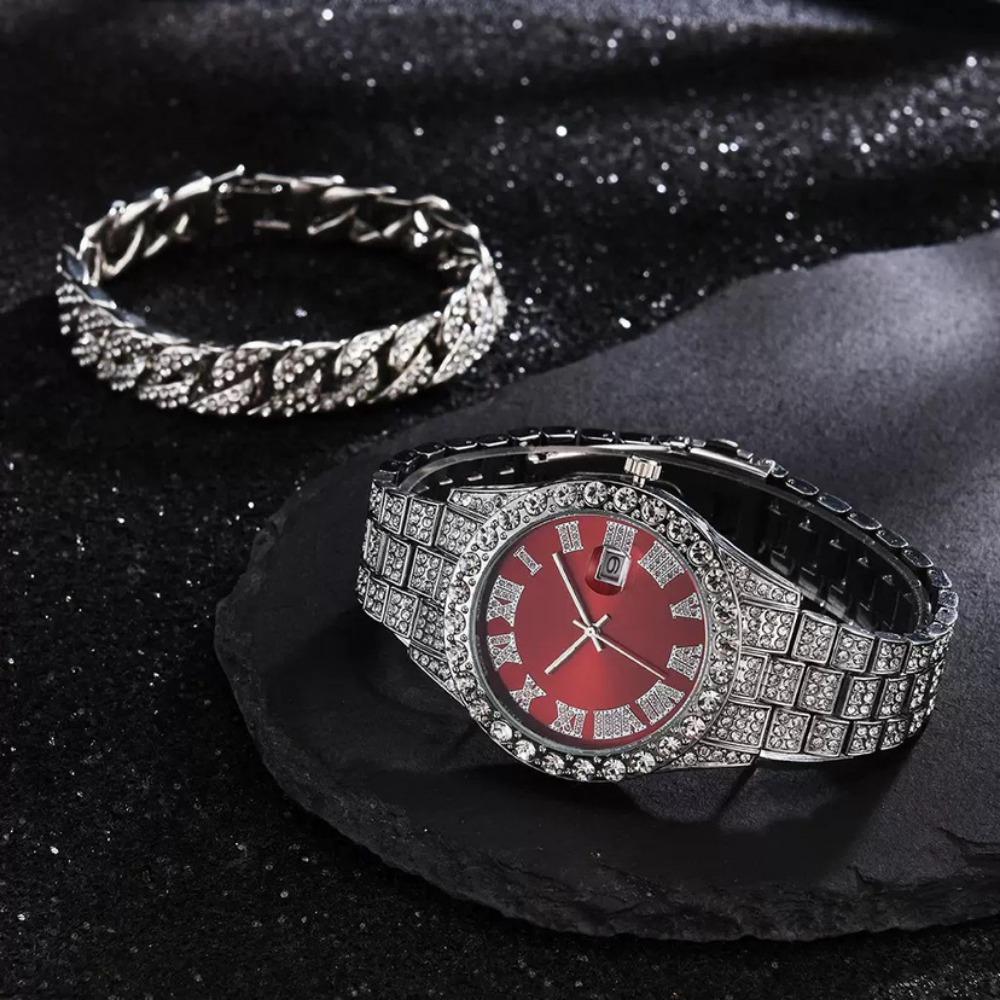 Men's Hip Hop Trendy Fashion Large Dial Diamond Cuban Chain Watch Set