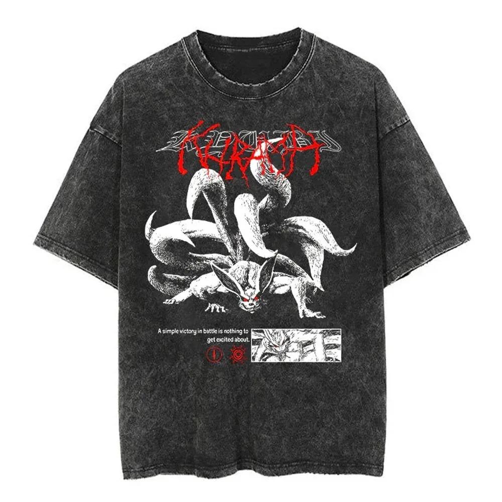 Hip Hop Streetwear Washed T Shirt Japanese Anime Naruto Print T-Shirt Vintage Top Harajuku Cotton Men Summer Short Sleeve Tshirt