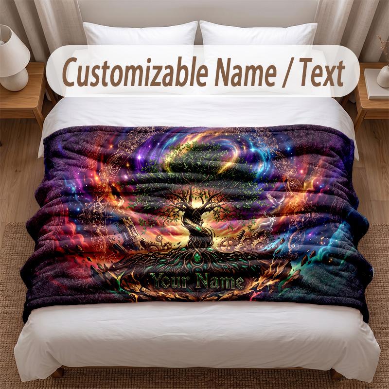 Tree of Life Theme Soft Blanket Personalized Custom Name Text Print Warm Blanket Home Sofa Bedroom Decor