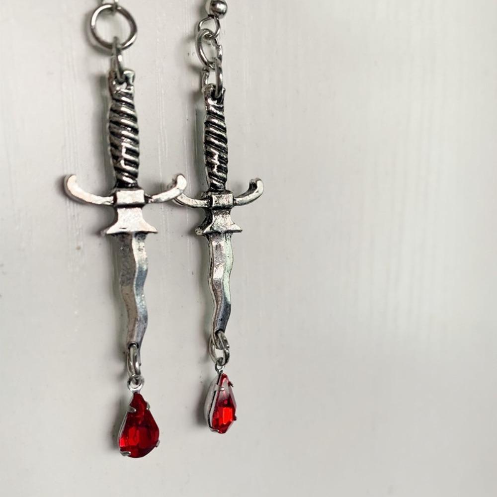 Personality Goth Sliver Color Knife Blood Sword Red Blood Drops Crystal Dangle Earrings for Women Men Hallowmas Jewelry Gifts