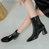 2025 New Women's Boots Autumn Women's Fashion Square High Heels Patent Leather Shoes Ankle Boots Black Women's Zipper Zapatos