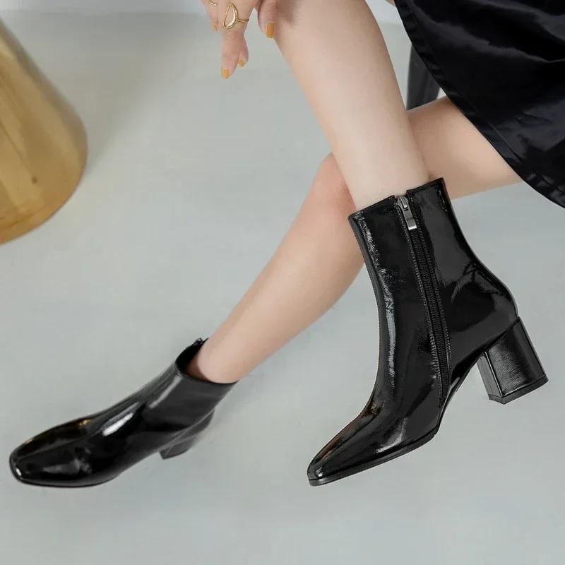 2025 New Women's Boots Autumn Women's Fashion Square High Heels Patent Leather Shoes Ankle Boots Black Women's Zipper Zapatos