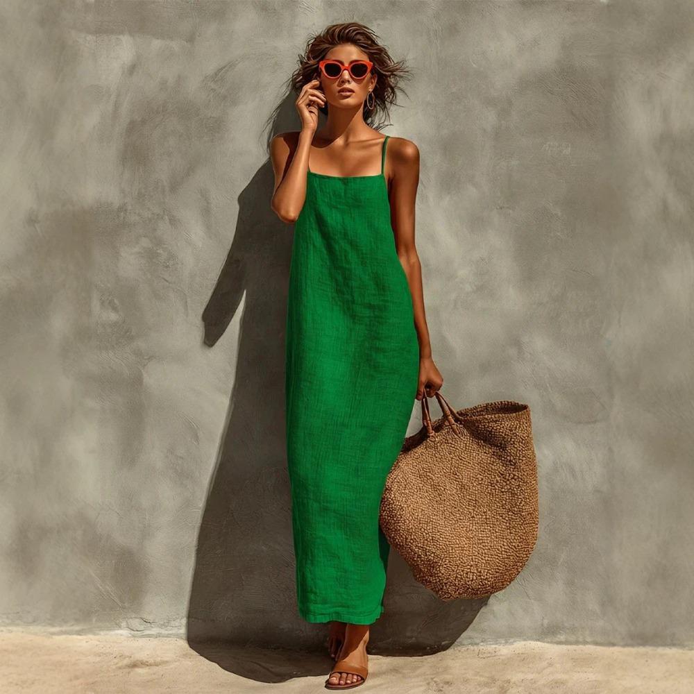 Women New Summer Solid Color Sling Dress, Loose Comfortable Casual Sleeveless Midi Dress