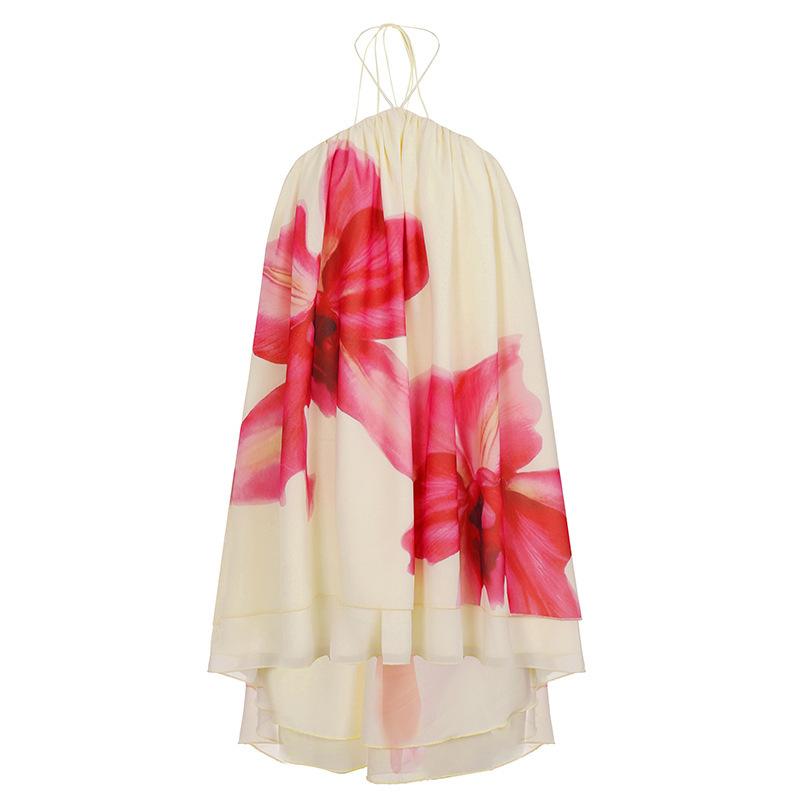 Summer Y2K vacation style personalized flower print contrasting color neck dress women s irregular backless loose short skirt S