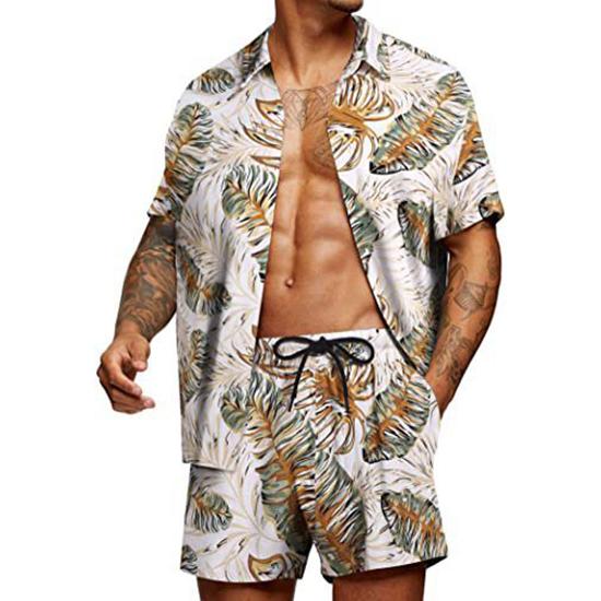 Spring and Summer Loose Beach Casual Men's Clothing Floral Print Fashion Top Shirt Set