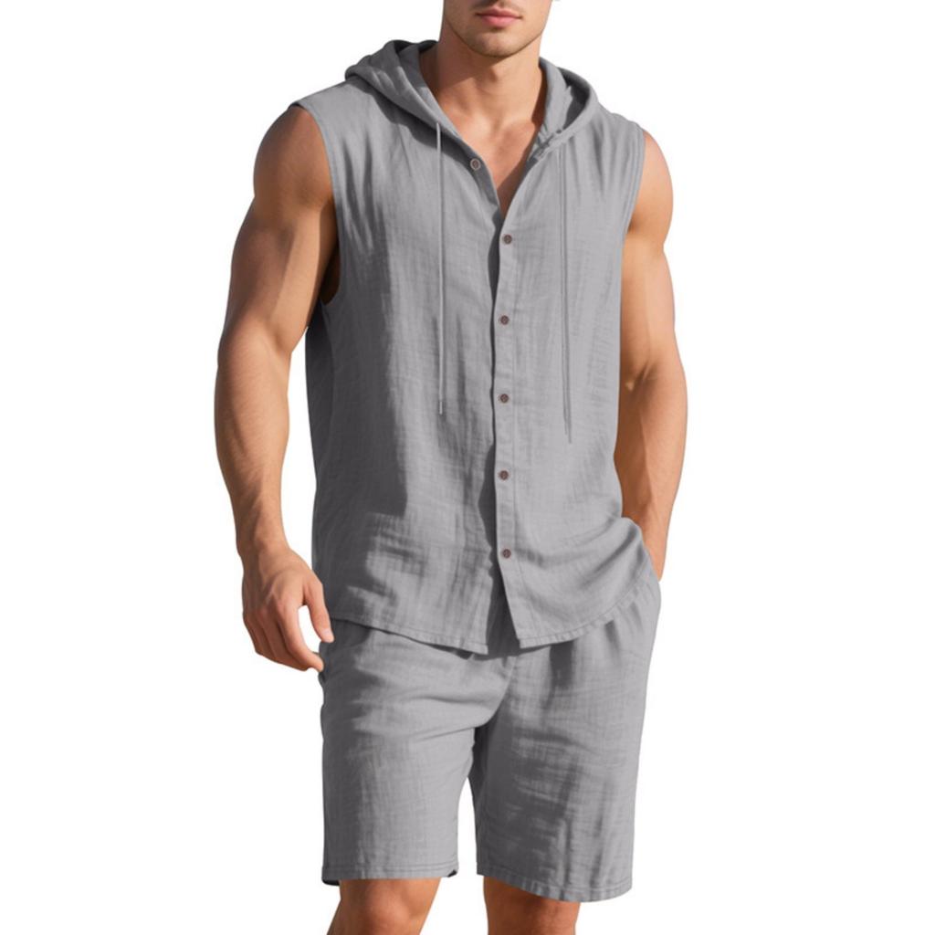 Men's Linen Set, Solid Color Lightweight Hooded Sleeveless Shirt And Elastic Waist Breathable Shorts, Two-piece Set, Men's Vacation Beach Set