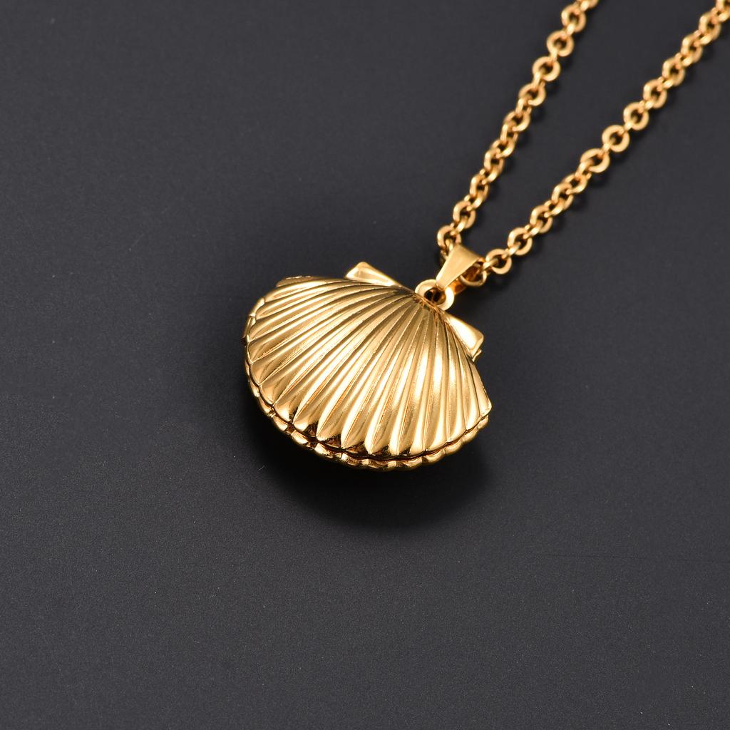 Stainless Steel Seashell Photo Locket Pendant Necklace for Women Men Picture Box Frame Charms Chain Metal DIY Jewelry Accessory