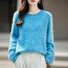 Women's Round Neck Loose Fleece Wool Sweater with Rolled Hem, Soft and Fluffy, Sequin Yarn, Autumn Winter Cashmere Pullover.