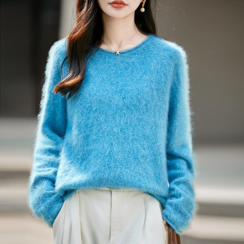 Women's Round Neck Loose Fleece Wool Sweater with Rolled Hem, Soft and Fluffy, Sequin Yarn, Autumn Winter Cashmere Pullover.