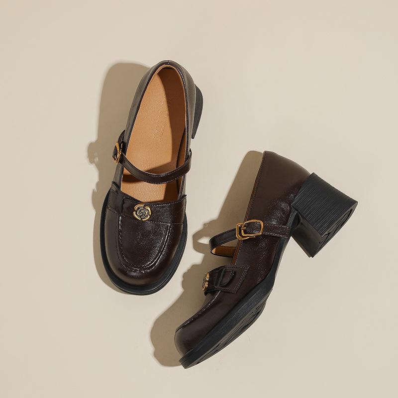 Retro thick heel Mary Jane women's shoes one-word buckle with round head loafers high heel light mouth French single shoes small leather shoes women