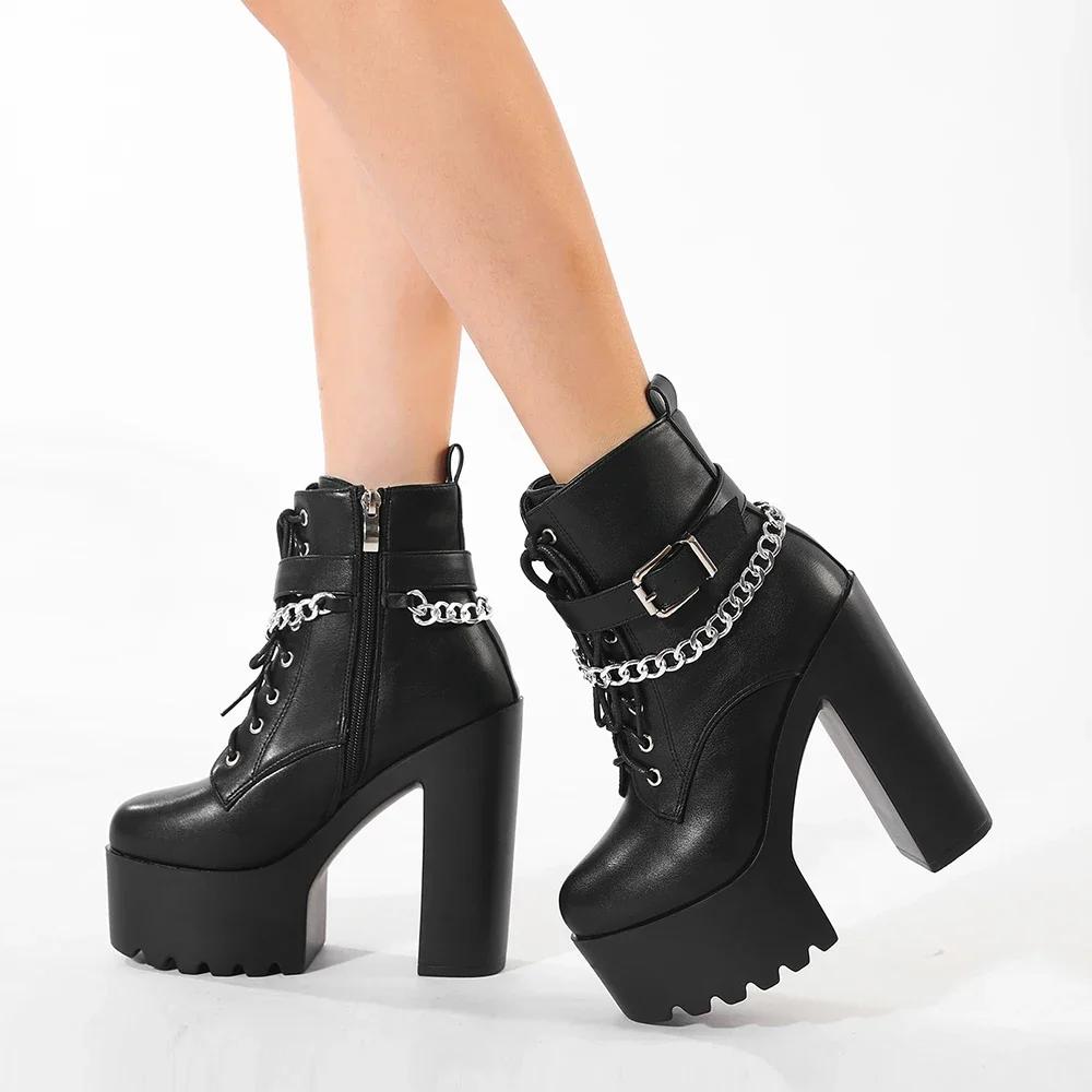 Women's Chain Decor Block Heeled Boots Fashion Lace Up Side Zipper Platform Boots Stylish Ankle Boots High Heels