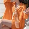 Women's Striped Large Tie Shirt Orange Turn Down Collar Long Sleeved Blouse Korean Style Summer New Version Loose Casual Female Top