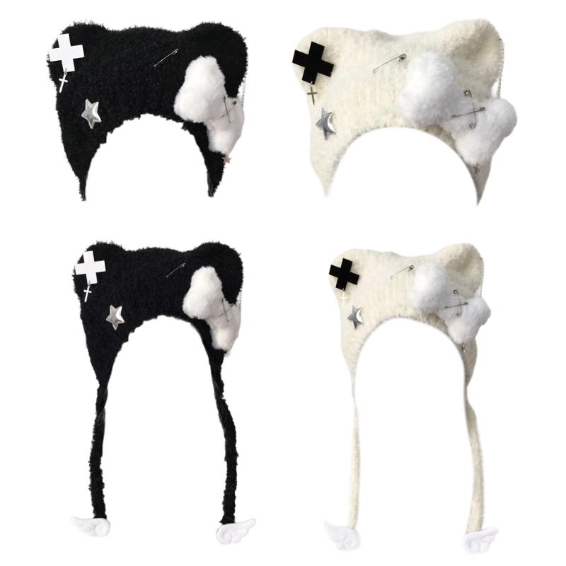 Bear Ear Knitted Hat Punk Crossed Winter Hat Soft Furry Knitted Snow Hat for Women Outdoor Activity Travel