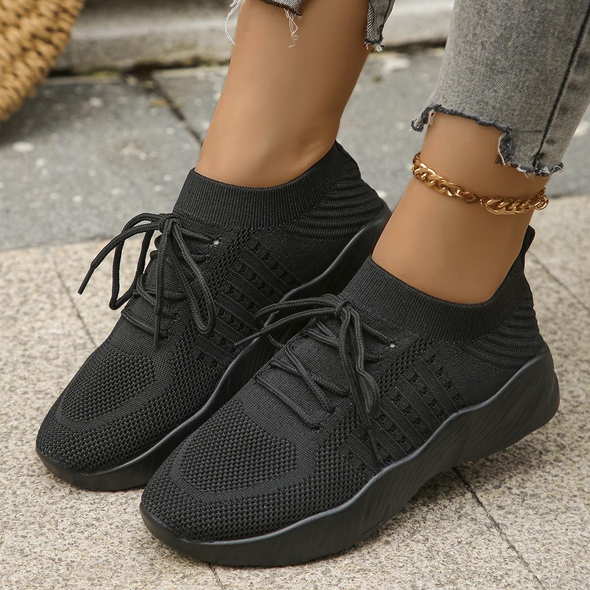 

Breathable Knitted Mesh Sneakers Women Lightweight Non-Slip Running Walking Shoes Woman 2024 Spring Casual Lace Up Flats Shoes 35 чёрный