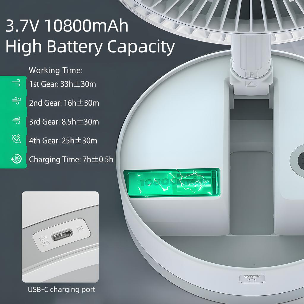 9-inch Portable   Fan 10800mAh Battery Type-C Rechargble Oscillating Standing Fan with LED Night Light Remote Control Telescopic 4 Speed Quiet 
