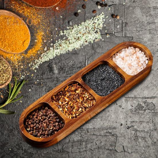 Serviertablett aus Holz mit Unterteilung, Gewürzschale, Soßenschalen mit mehreren Fächern für Snacks, Vorspeisen, Früchte, Süßigkeiten, elegante Holzteller für den täglichen Gebrauch
