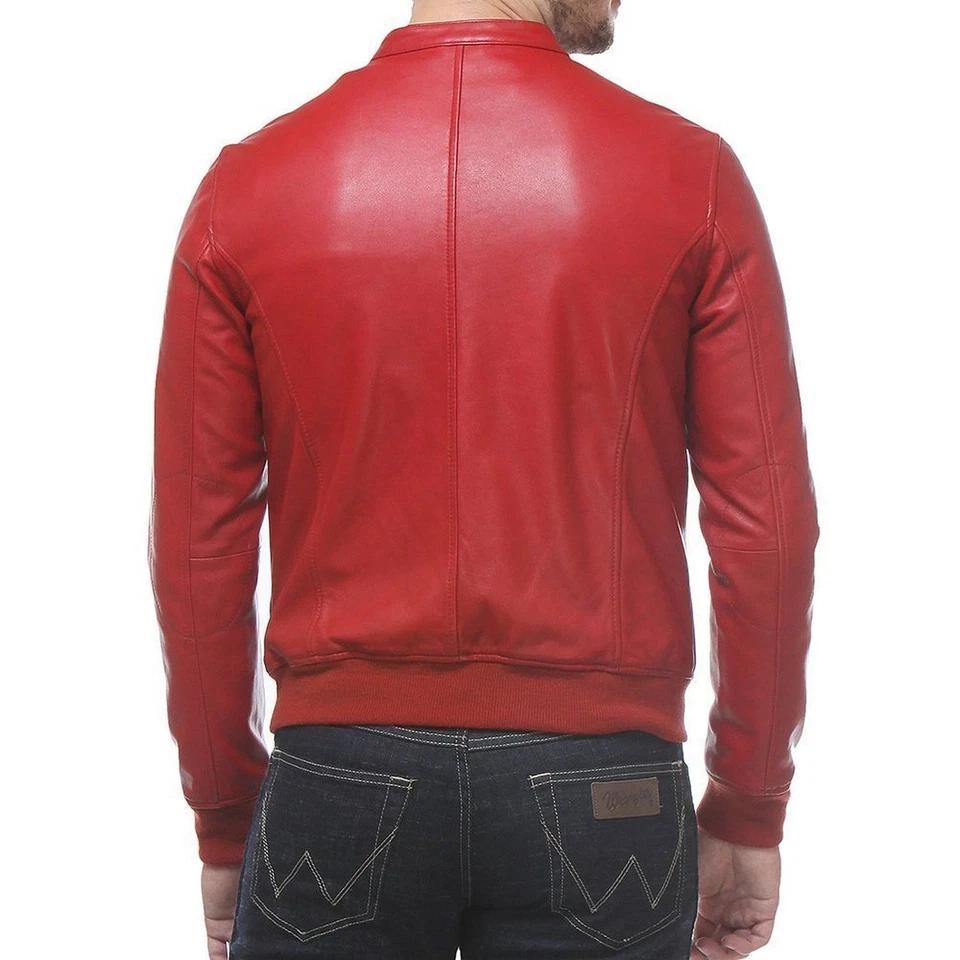 Casual Biker Motorcycle Real Lambskin Leather Stylish RED Men's Jacket Handmade