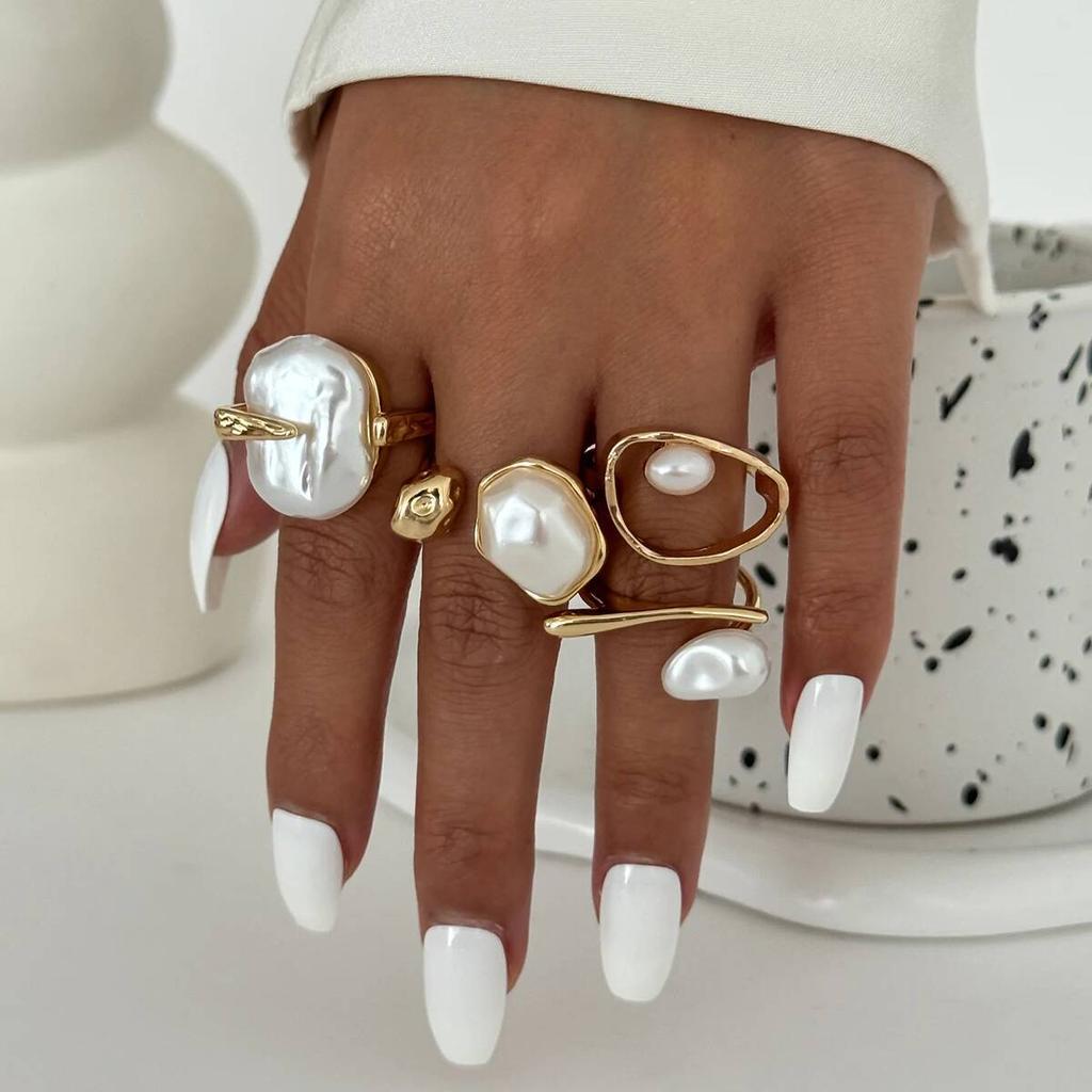 IngeSight.Z 4Pcs/set Irregular Baroque Imitation Pearl Open Ring Women Korean Trendy Gold Color Finger Ring Party Luxury Jewelry