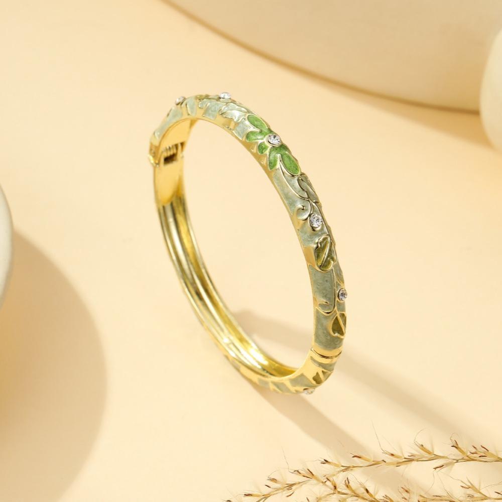 New Chinese Ethnic Floral Leaf Rhinestone Gold Tone Embossed Enamel Open Spring Hinge Bangles for Women Vintage Layering Jewelry