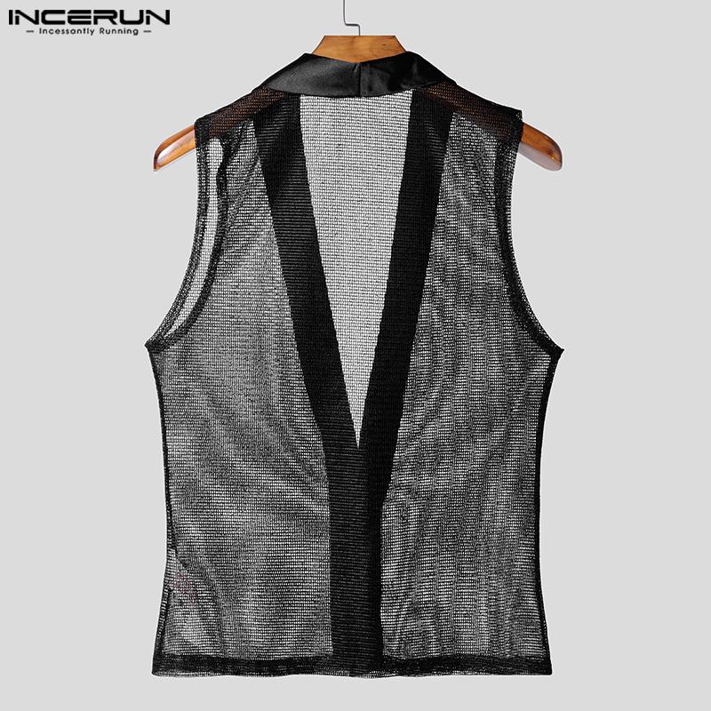INCERUN Men Deep V Neck Sleeveless Stitching Mesh Sheer See Through Party Tank Tops