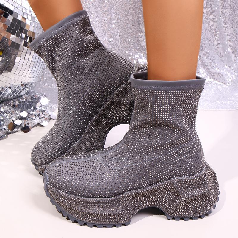 Fashion Luxury Rhinestone Platform Ankle Boots for Women 2025 New Hot Pink Thick Bottom Street Shoes Woman Fashion Slip On Chunky Boots