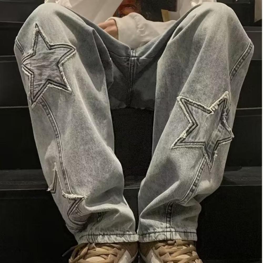 Star Embroidery Straight Casual Men Jeans Gothic Neutral Wide Leg Loose Hip-hop Fashion Youth Streetwear Denim Trousers