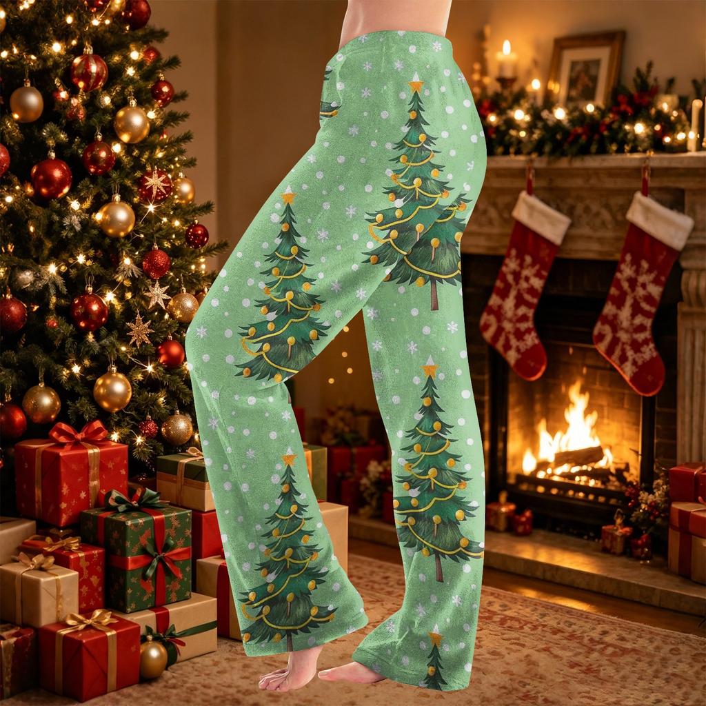 Women's Christmas Print Pajama Pants, Casual Plush Bottoms for Holiday Lounging