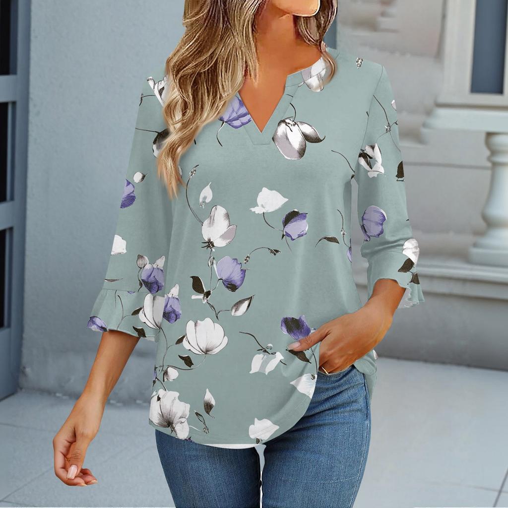 3/4 Sleeve Tops For Women T-Shirt Casual Flared Sleeves Print Tunic V Neck Pullover Blouse