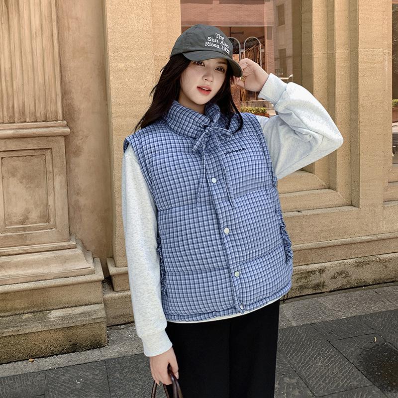 Stand-up collar plaid sleeveless cotton jacket vest jacket women's summer new stacked wear casual loose hidden buckle vest tide