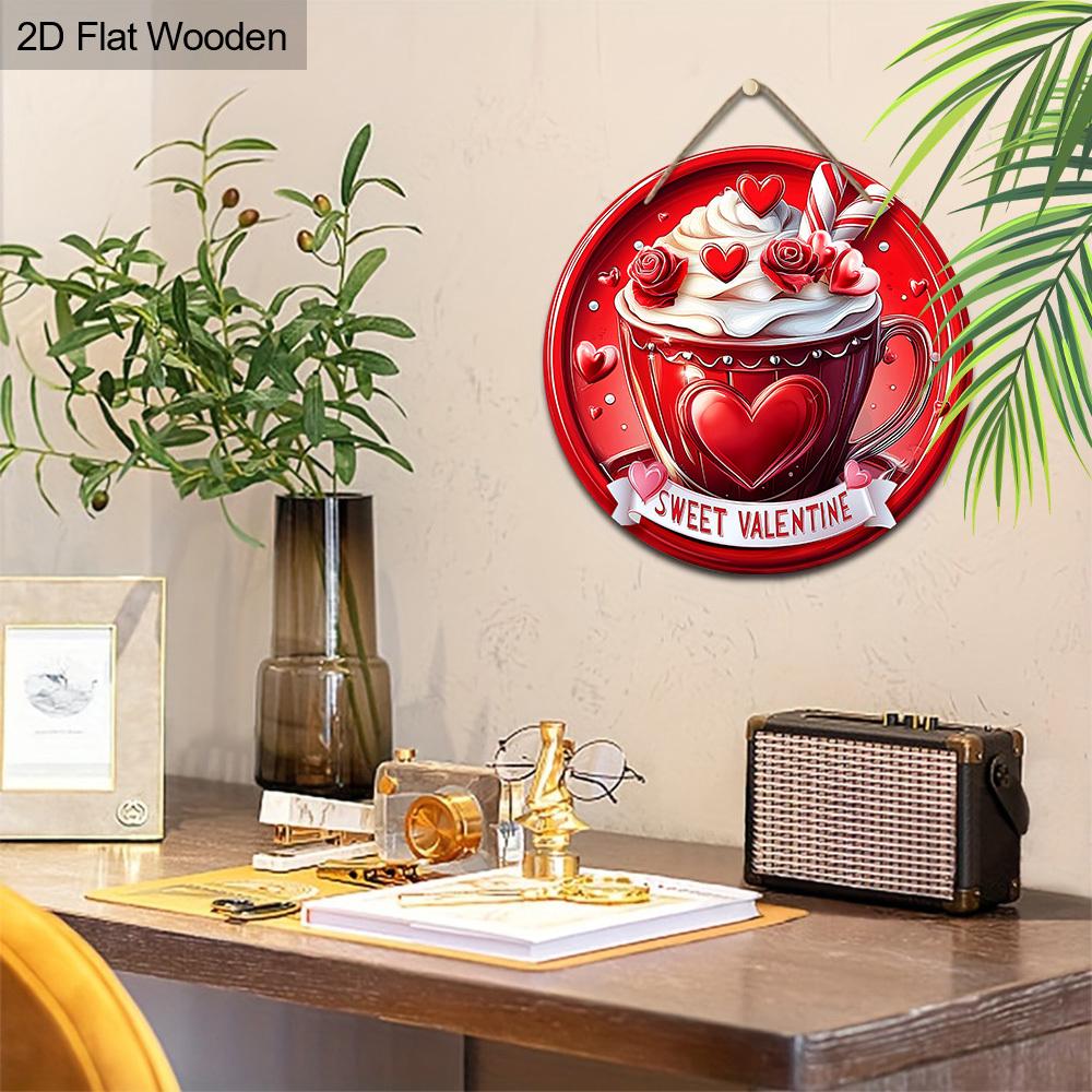 Sweet Valentine Red Coffee Cup Wooden Sign, Round Front Door Decor, Heart & Rose Wall Hanging - Ideal Romantic Gift for Valentine's Day