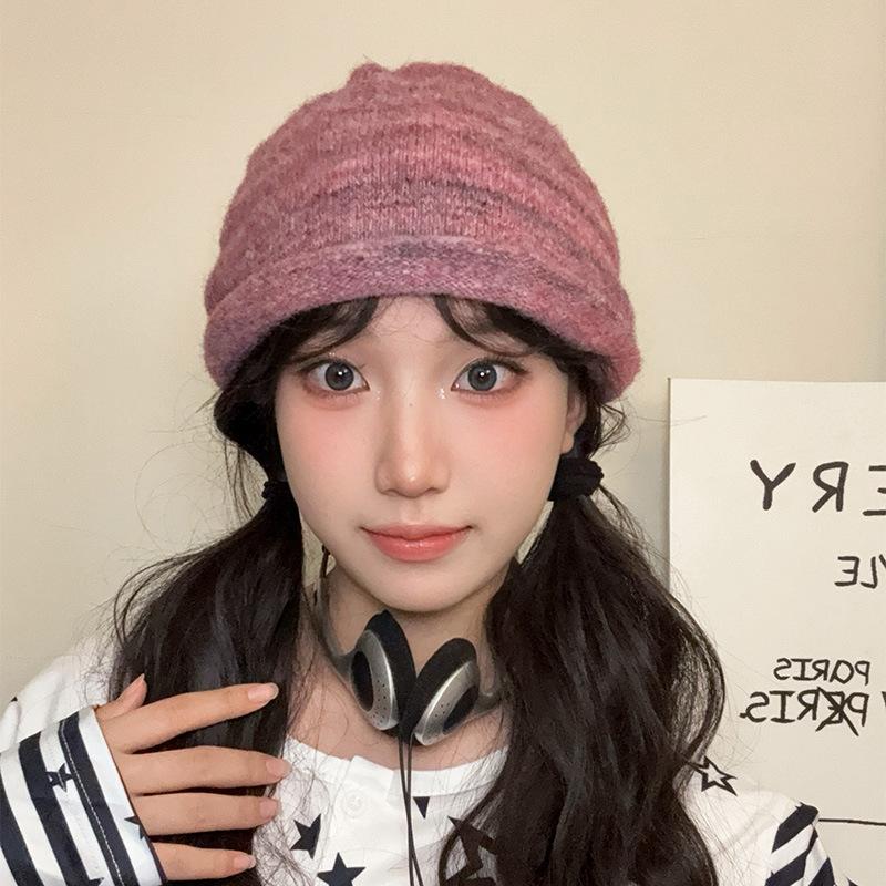 Grey Crimped Knitted Wool Hat Women's Autumn and Winter Face Small Pile Hat Big Head Circumference Ear Protection Warm Pullover Couple Hat