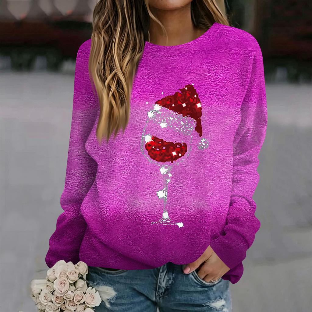 Women's Long Sleeve Christmas Print Neck Top Casual Holiday Blouse