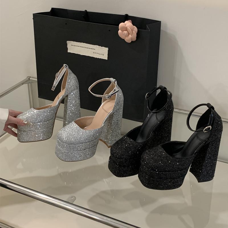 Fashion Bling Bling Fashion Sequined Double Platform Wedges Women Gladiator Sandals Summer Sexy 15cm Ultra High Heels Party Prom Shoes