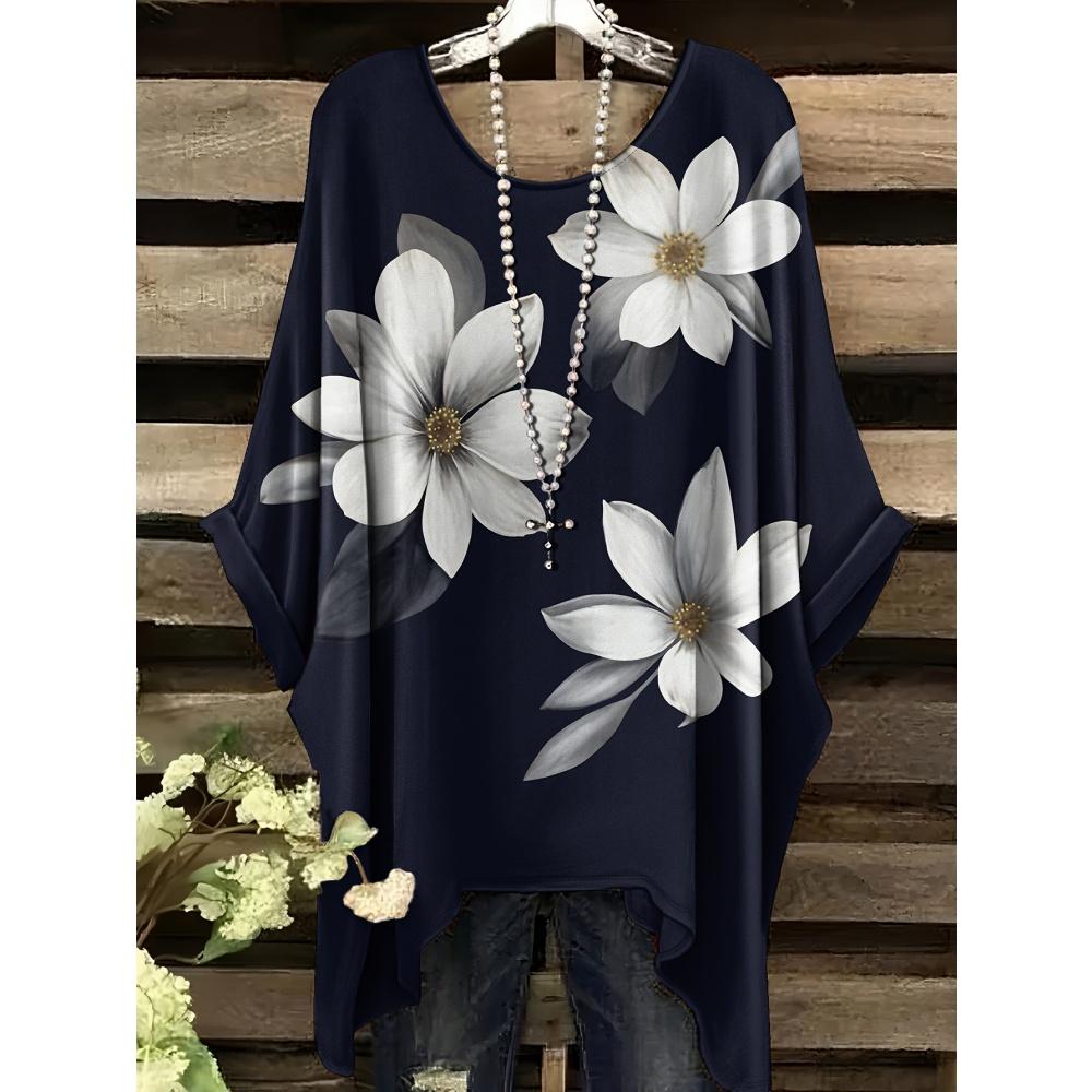 Haine de Vară Femei 2025 Albastru Marin și Alb cu Imprimeu Floral Elegant Versatil Design Decolteu Rotund Mânecă Scurtă Top Y2k pentru Femei