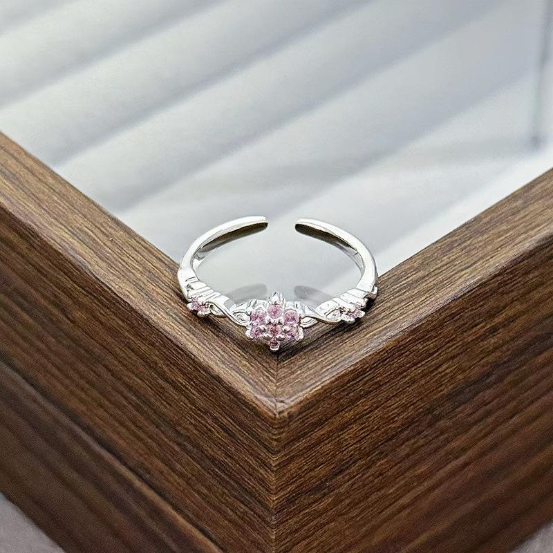 Light Luxury Sweet Cool Pink Cute Full Diamond Zir*****Pening Adjustable Ring Niche Design High-End Ring Woman