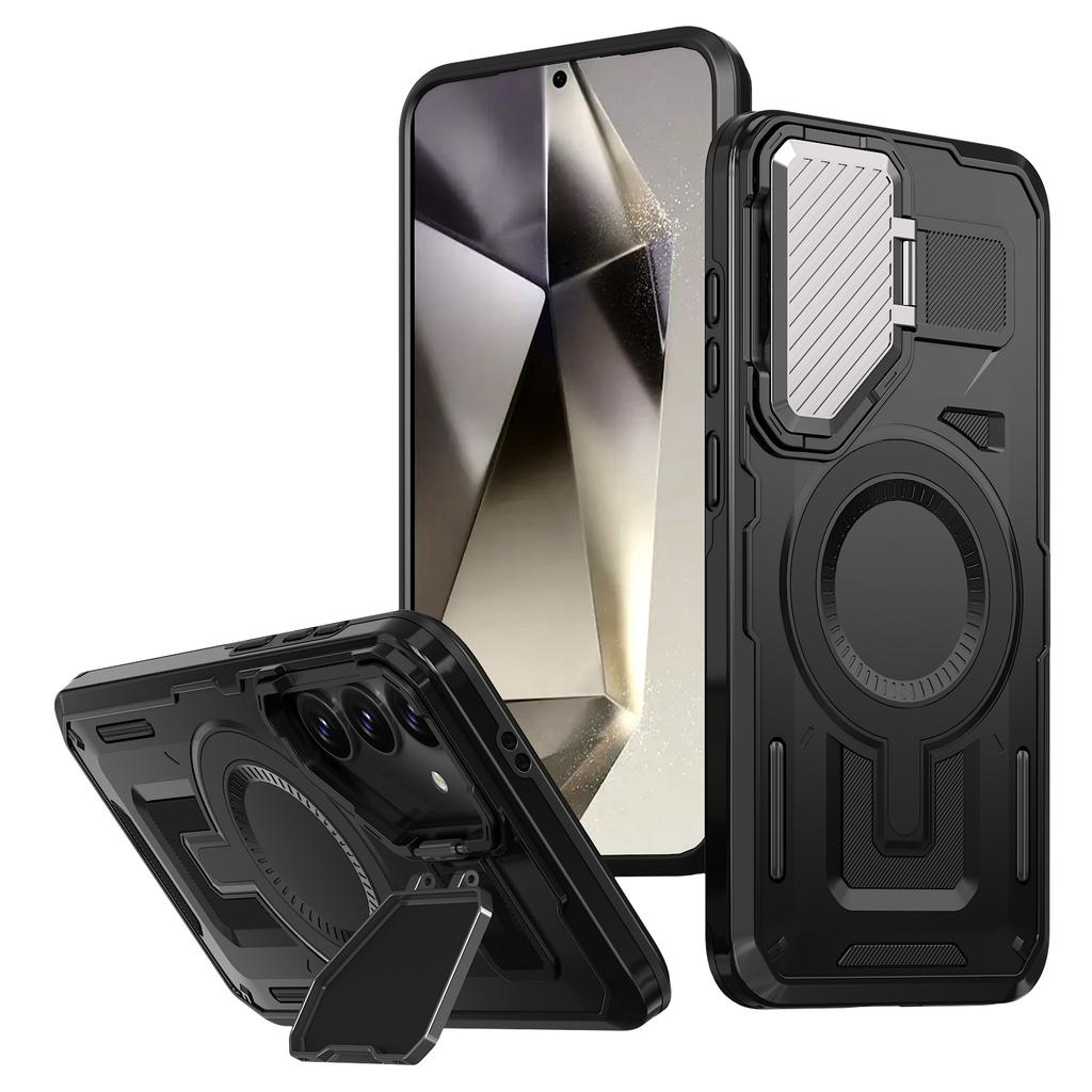 For Samsung Galaxy S25+/S24+ Case Compatible with MagSafe Lens Lid Kickstand PC+TPU Back Cover