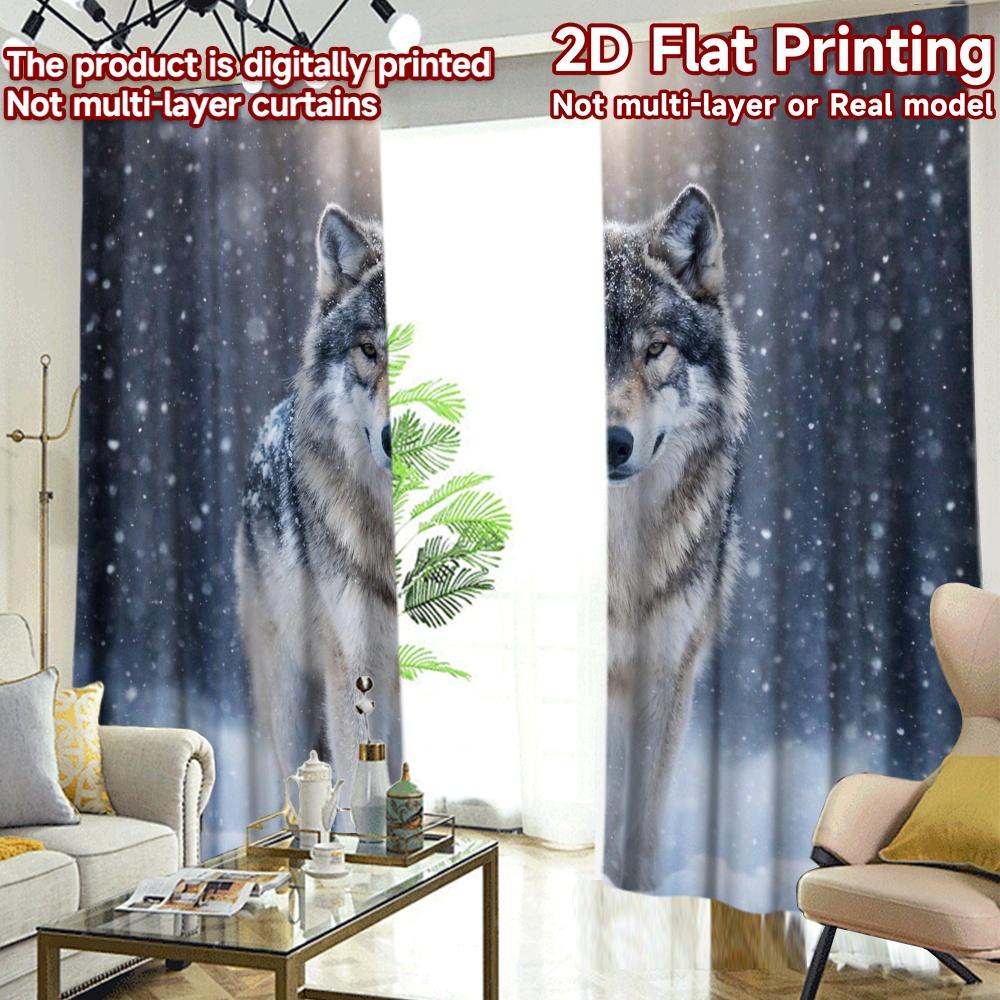 2D FLAT PRINTING 2pcs Curtains (Without Rod) Wolf In Snowy Forest Print Popular Curtains Prints Light Filtering Curtains