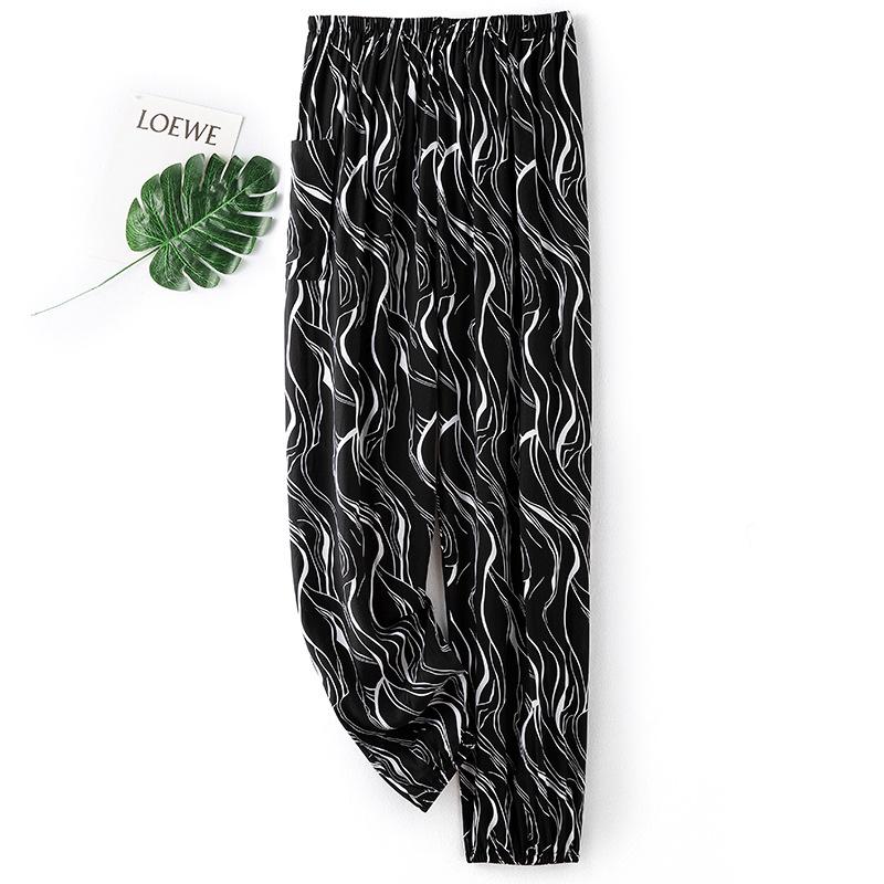 Pantaloni de pijama din bumbac mătase pentru femei, secțiune subțire de vară, anti-țânțari, pantaloni cu picior lat, culoare uni, pentru exterior, casă, petrecere a timpului liber, imprimeu, pantaloni de plajă până la genunchi