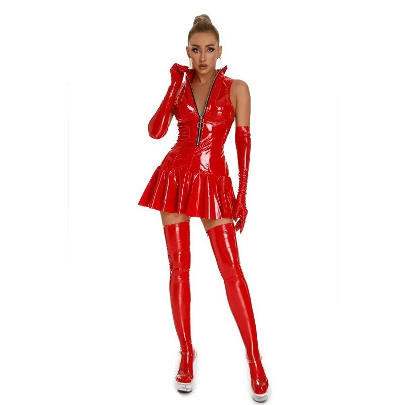 Women Sexy Glossy Leather Slip Dress Lady Erotic Shaping Pleated Short Dress PVC Zipper Porn Breast Exposing Latex Mini Dresses