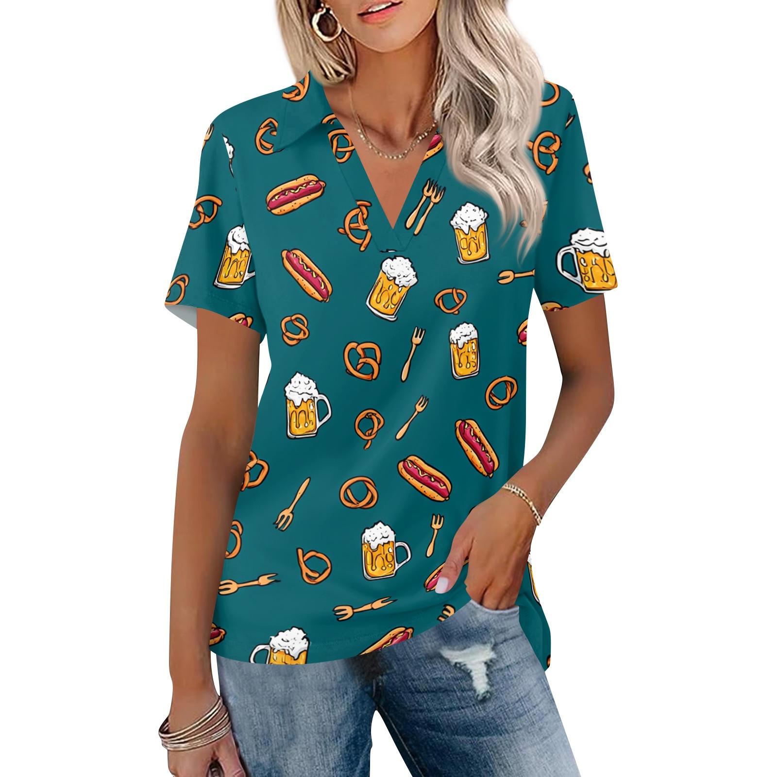 

Women’s Casual V Neck Short Sleeve Collared Shirt with Festival Print Relaxed Fit Lightweight Top for Summer M