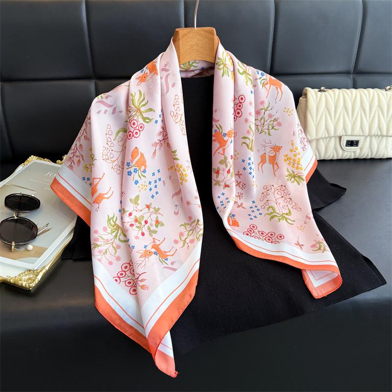 Deer Flower Simulation Silk High-end Large Square Scarf Silk Scarf Printed Shawl Versatile Scarf Sunscreen Scarf Headscarf Scarf