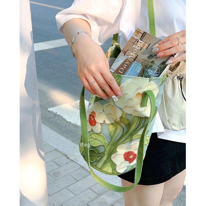 Oil Painting Floral Shoulder Bag, Unique Design Bucket Bag, Large Capacity Tote Commuter Bag, Versatile Women's Handbag